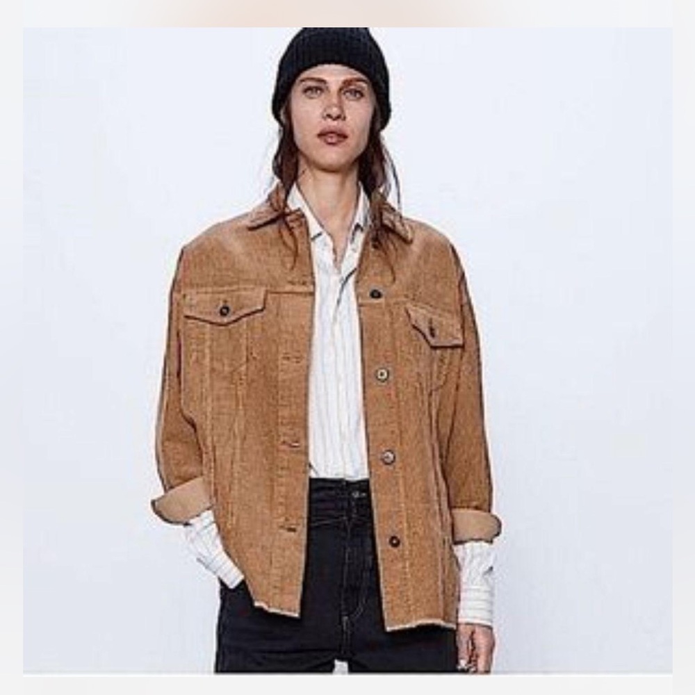 Zara Oversized Corduroy Women’s Shacket Shirt Jacket Frayed Hem 100% Cotton XS